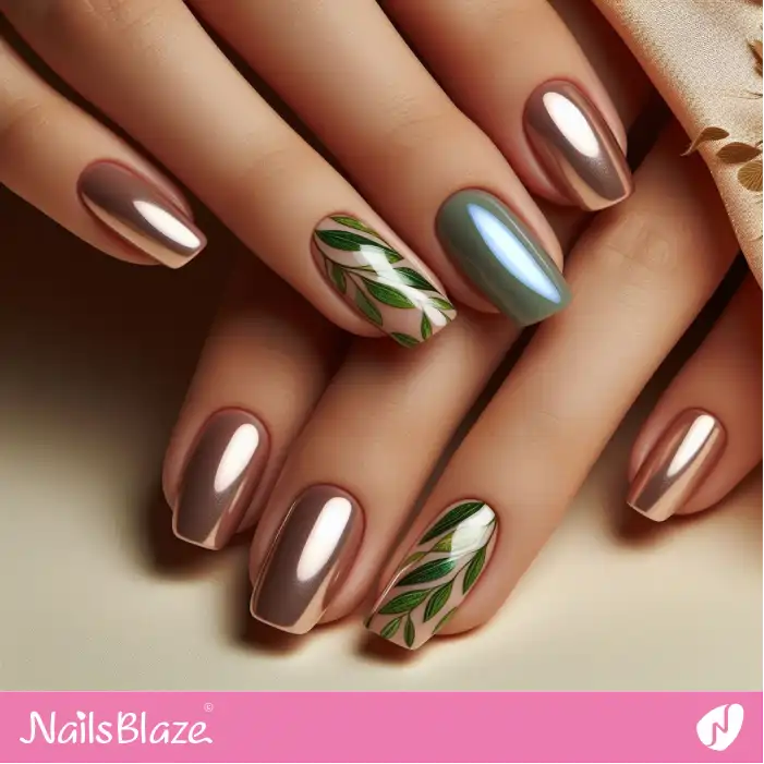 Chrome Nails with Olive Leaf Pattern | Nature-inspired Nails - NB1629